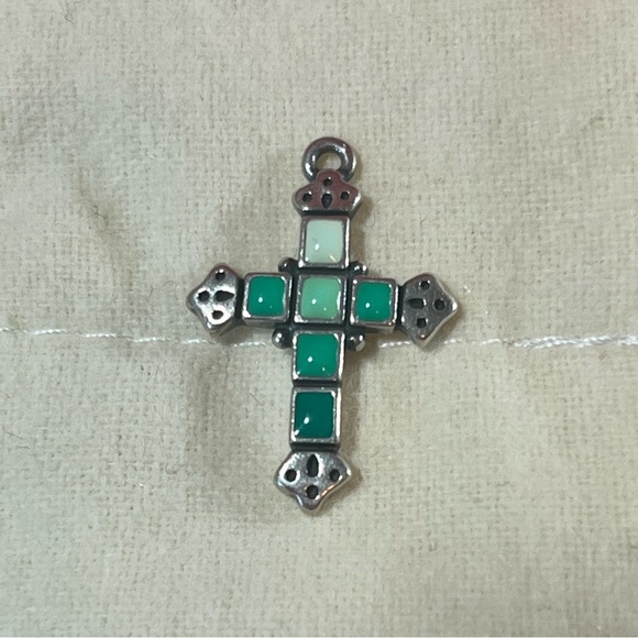 James Avery Retired Green Stone Mosaic Tile Enamel 925 Sterling Silver Cross - Picture 2 of 12